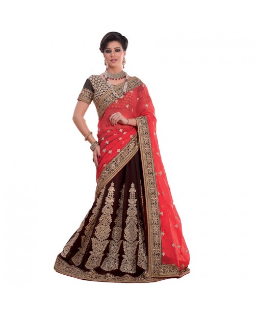 KITESHOP Brown Lace Border Chiffon Wedding Lehenga Saree